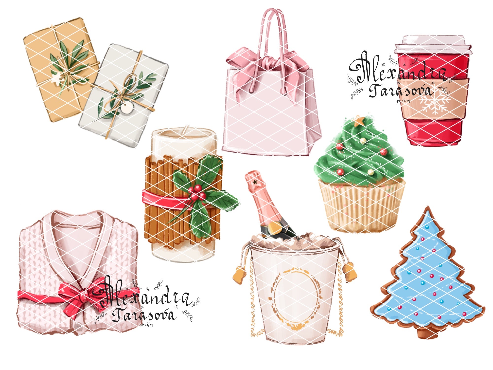 Digital Watercolor Illustration Fashion Girl Christmas Gifts Trendy Hairstyles Winter Holiday Watercolor Painting Printable Art