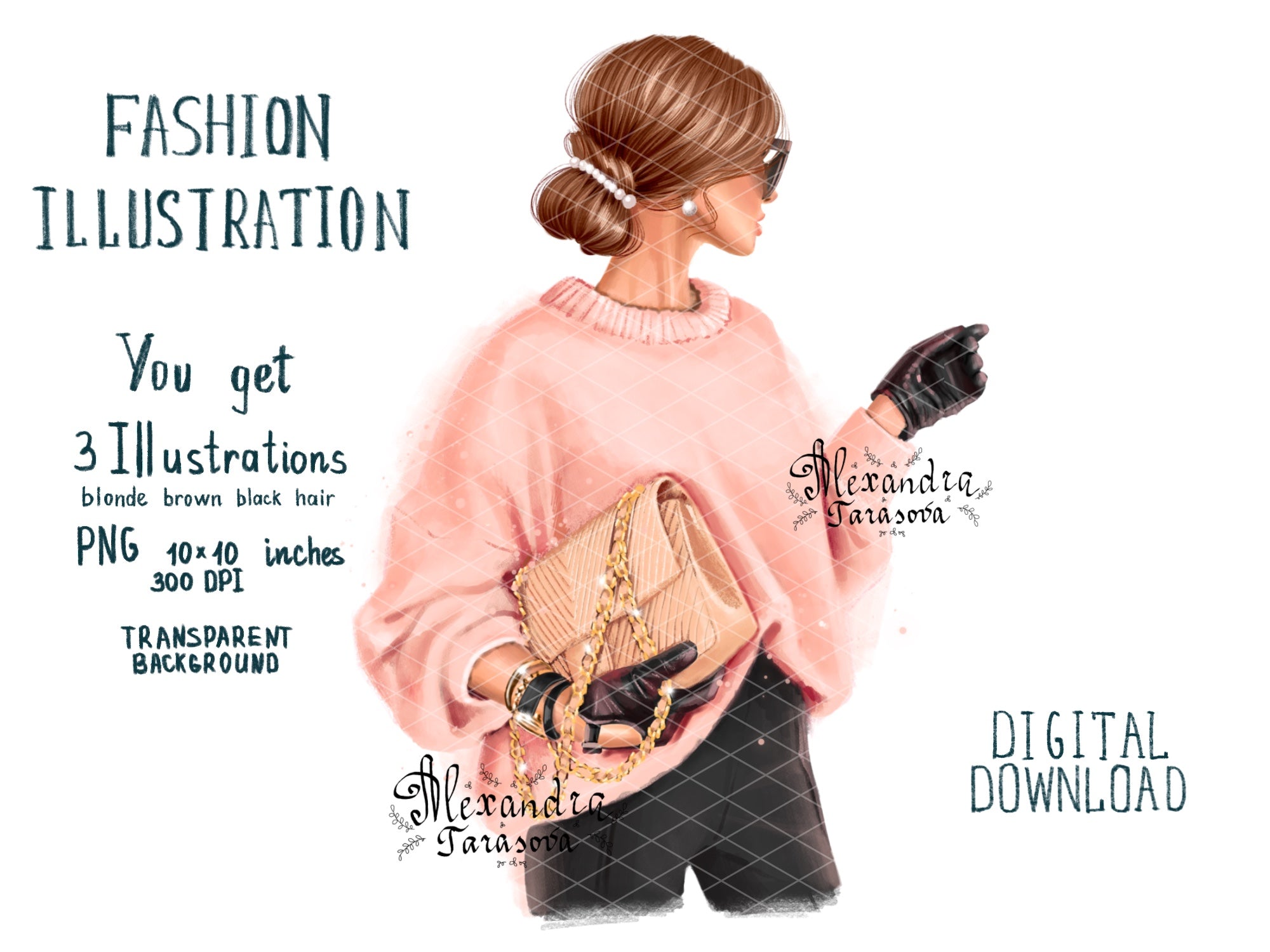 Digital Watercolor Illustration Fashion Girl Trendy Hairstyles Bun Pink Sweater Stylish Bag Painting Printable Art